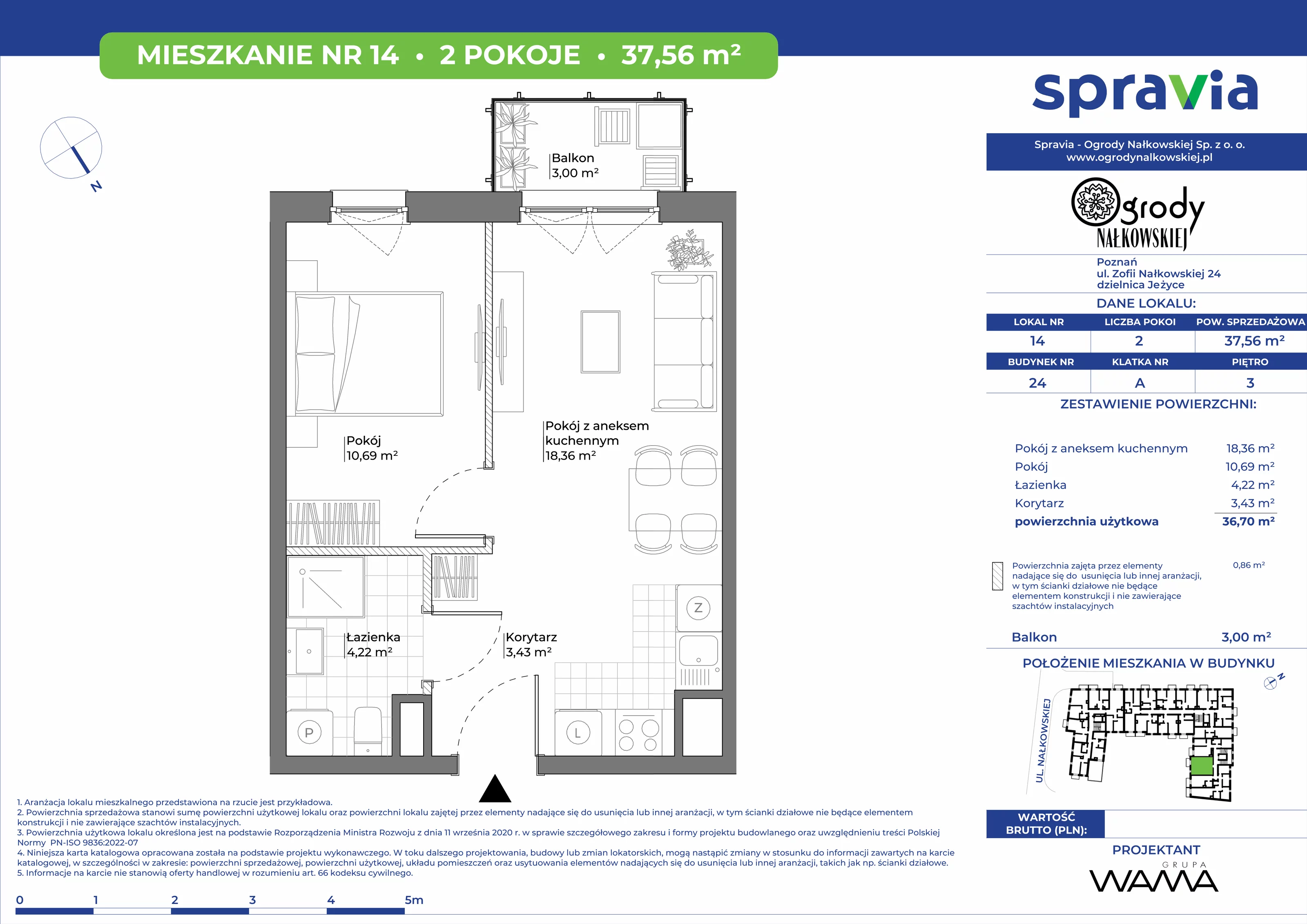 2 pokoje, mieszkanie 37,56 m², piętro 3, oferta nr 24-14, Ogrody Nałkowskiej, Poznań, Ogrody, ul. Nałkowskiej 24, 26